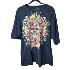 Y2K Avirex Black Skull Rose Rhinestone T-Shirt XXL Biker Grunge Indie Sleaze